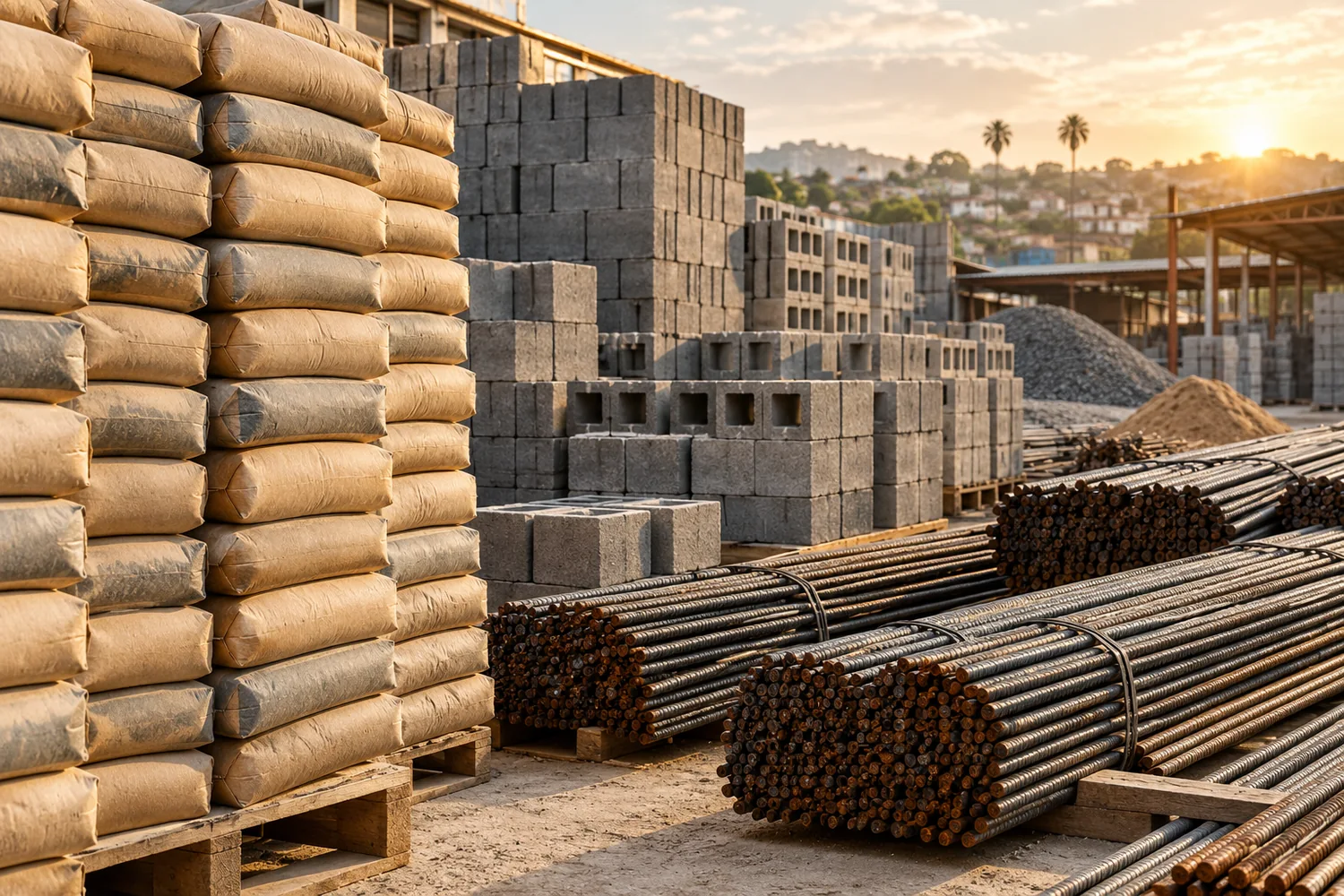 Illustration of cement, blocks and steel reinforcement materials