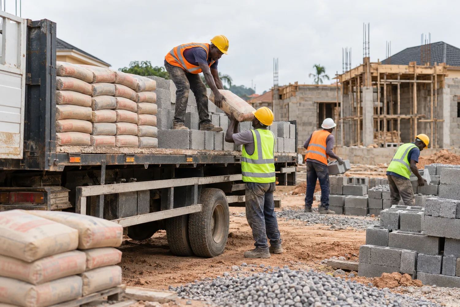 Illustration of construction materials being unloaded at a work site